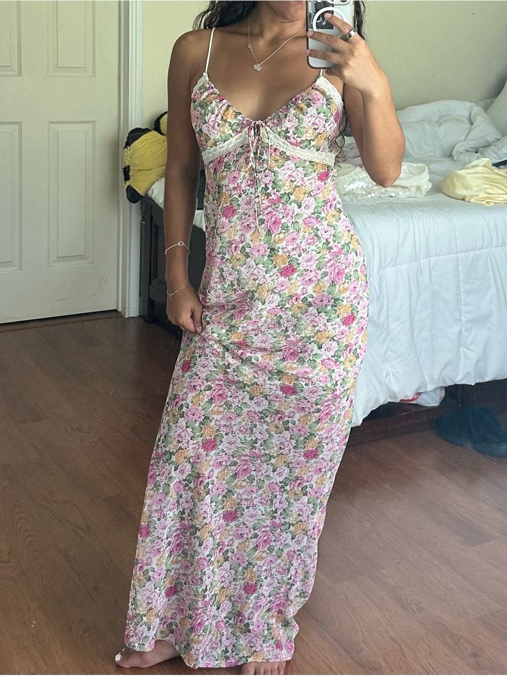 Princess Polly Floral Pink Lace-Trim Maxi Slip Dress